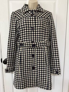 Tommy Hilfiger Wool Blend Pattern Coat Navy Ivory Belted Peacoat Size 10